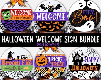 Pakiet znaków powitalnych na Halloween, wieszak na drzwi na Halloween SVG, duch SVG, pająk SVG, Boo SVG, znak Wesołego Halloween SVG, plik do cięcia laserowego Glowforge
