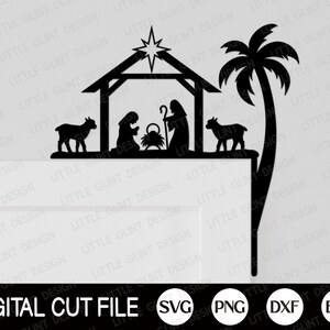May include: Black silhouette of a nativity scene with a star, a manger, a palm tree, and two sheep. The scene is cut out and ready to be used as a digital cut file.