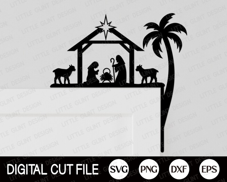 May include: Black silhouette of a nativity scene with a star, a manger, a palm tree, and two sheep. The scene is cut out and ready to be used as a digital cut file.