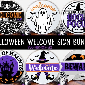 Halloween Welcome Sign Bundle, Halloween Door Hanger SVG, Ghost Svg, Spider Svg, Boo Svg, Happy Halloween Sign Svg, Glowforge Laser Cut File