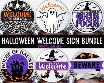 May include: A set of six Halloween welcome signs featuring various spooky designs. The signs include a ghost, a witch, a haunted house, a mummy, and a spider web. The signs are all round and have a white background with black and purple accents. The text on the signs includes "Welcome to our web", "It's just a bunch of Hocus Pocus", "House of Haunts", "Welcome", and "Beware".