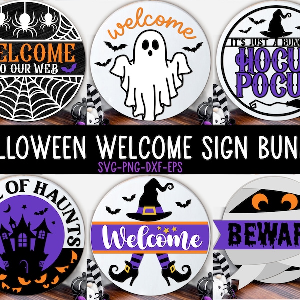 Halloween Welcome Sign Bundle, Halloween Door Hanger SVG, Ghost Svg, Spider Svg, Boo Svg, Happy Halloween Sign Svg, Glowforge Laser Cut File