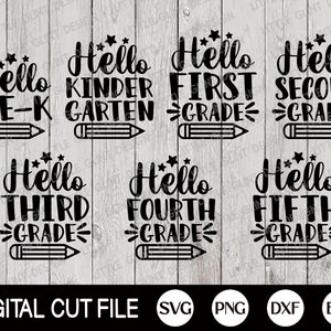 Bonjour Grade Svg Bundle, 1er jour d’école, Shcool Grade Gift Svg, fichier School Cut, Homeschool Svg, Chemise d’enseignant, Dxf, Svg Fichiers pour Cricut