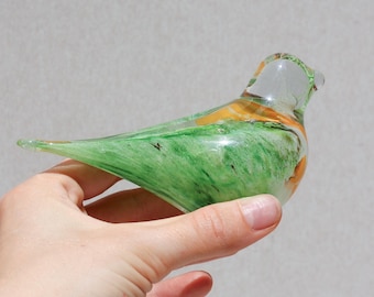 Hand Blown Green Marble Glass Bird Figurine, Nature Inspired Ornament