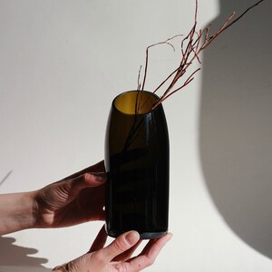 Pu&ograve; includere: Un vaso di vetro marrone scuro con un'apertura stretta, che contiene alcuni rami sottili marroni. Il vaso &egrave; tenuto da due mani.