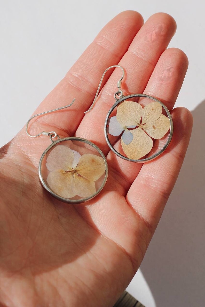 Pressed flower earrings as a 21st birthday gift for her, Stained glass earrings, Minimalist dangle & drop earrings, Real dried flower image 4
