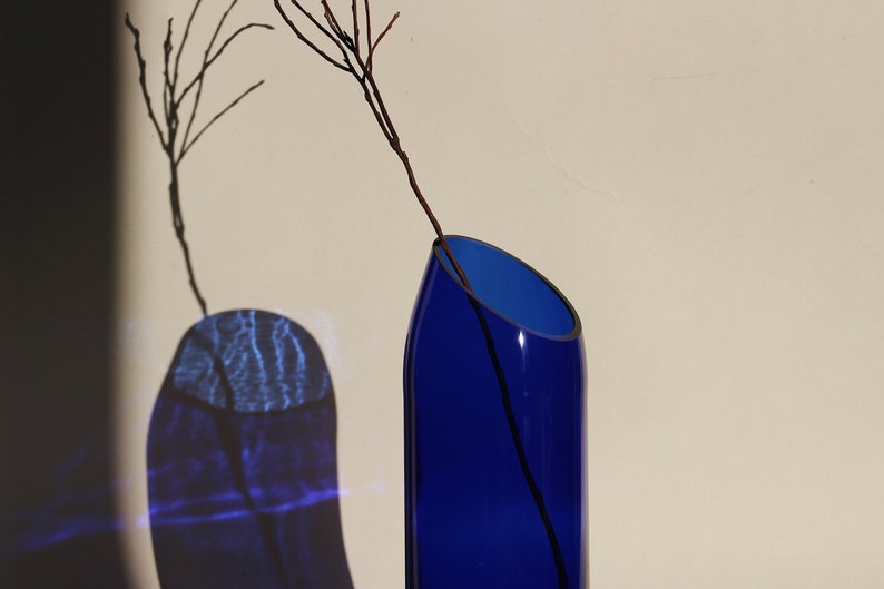 Pu&ograve; includere: Un vaso di vetro blu cobalto con un'apertura angolare unica, che presenta un unico ramoscello marrone all'interno. Il vaso proietta un'ombra blu sul muro dietro di esso.