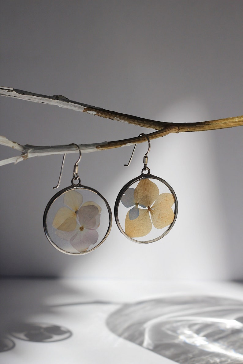 Pressed flower earrings as a 21st birthday gift for her, Stained glass earrings, Minimalist dangle & drop earrings, Real dried flower image 2