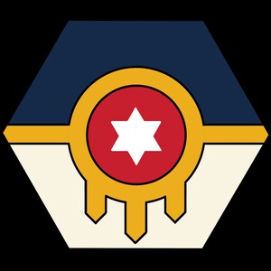 May include: A geometric design featuring a navy blue and cream-colored hexagon. Inside, a red circle contains a white six-pointed star, surrounded by a gold ring. The design has a gold border and a black background.