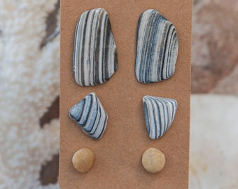 Striped seashell/stone earrings stud set (stainless steel hypoallergenic post)