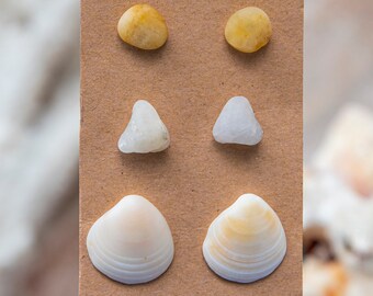 Natural stone / seashell stud earrings set (stainless steel hypoallergenic post)