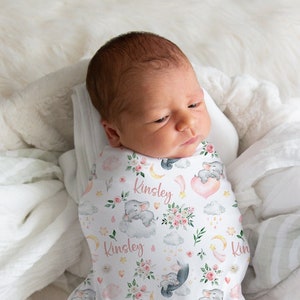 Custom Floral Elephant Swaddle, Personalized Pink Flowers Baby Name Blanket, Moon And Stars Baby Girl Swaddle, Baby Shower Gift