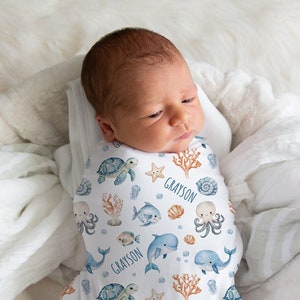 Ocean Name Swaddle, Turtle Swaddle, Custom Sea Animals Blanket, Personalized Boy Swaddle, New Mom Gift, Underwater Baby Shower Gift