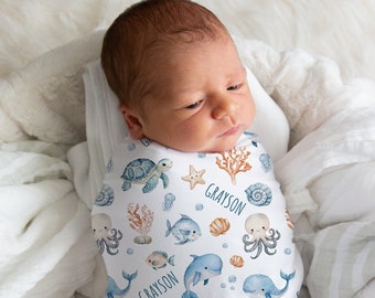 Ocean Name Swaddle, Turtle Swaddle, Custom Sea Animals Blanket, Personalized Boy Swaddle, New Mom Gift, Underwater Baby Shower Gift