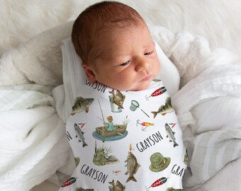 Custom Fishing Swaddle, Personalized Boy Name Blanket, Fish Swaddle, New Mom Gift, Newborn Gift, Gone Fishing Baby Shower Gift