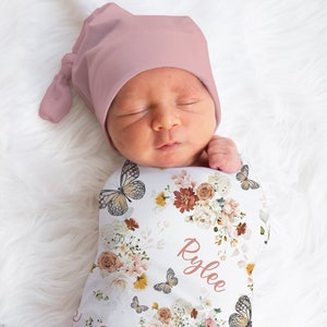Butterfly Swaddle, Personalized Baby Gift, Custom Pink Flowers Baby Name Blanket, Personalized Baby Girl Floral Swaddle, Baby Shower Gift