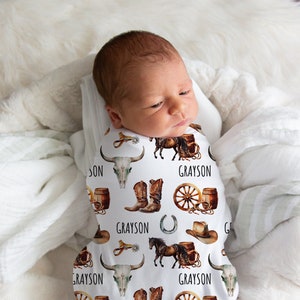 Personalized Cowboy Swaddle Blanket, Custom Western Name Blanket, Personalized Western Swaddle, Horse Boy Name Blanket, Baby Shower Gift