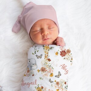 Custom Safari Swaddle, Personalized Baby Gift, Giraffe Swaddle, Baby Girl Elephant Swaddle, Floral Baby Name Blanket, Baby Shower Gift