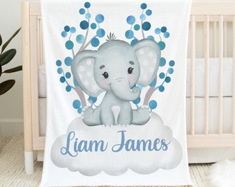 Personalized Elephant Baby Boy Name Blanket, Clouds Name Blanket, Safari Animals Name Blanket Custom Elephant Blanket, Baby Shower Gift
