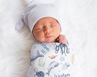 Sea Animals Name Swaddle, Turtle Swaddle, Custom Ocean Blanket, Personalized Boy Swaddle, New Mom Gift, Newborn Gift, Ocean Baby Shower Gift