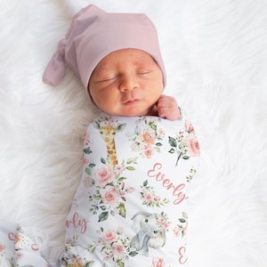 Custom Safari Swaddle, Personalized Baby Gift, Giraffe Swaddle, Pink Flowers Baby Name Blanket, Baby Girl Elephant Swaddle, Baby Shower Gift