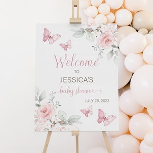 Pink Butterfly Baby Shower Welcome Sign, Floral Girl Baby Shower Sign, Welcome Poster, Pink Flowers Baby Shower Decoration, Foam Board Sign