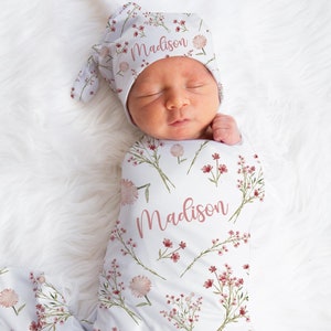 Personalized Wildflower Swaddle Blanket For Baby Shower, Custom Flowers Newborn Baby Girl Gift, Toddler Name Blanket, Coming Home Outfit