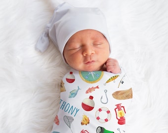 Custom Fishing Name Blanket, Personalized Fish, Swaddle, New Mom Gift, Newborn Gift, Gone Fishing Baby Shower Gift