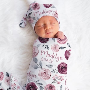 Personalized Purple Flower Swaddle Blanket For Baby Shower, Custom Newborn Baby Girl Gift, Floral Toddler Name Blanket, Coming Home Outfit