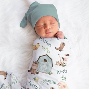 Custom Farm Swaddle, Personalized Farm Baby Name Blanket, Cowboy Swaddle, Horse Cow Swaddle, New Mom Gift, Newborn Gift, Baby Shower Gift