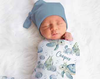 Personalized Turtle Swaddle Blanket Ocean Name Baby Blanket Newborn Baby Boy Coming Home Outfit Hospital Photo Outfit Sea Baby Shower Gift