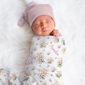 Personalized Lilies Swaddle Blanket Wildflower Name Baby Blanket Newborn Baby Girl Coming Home Outfit Hospital Photo Outfit Baby Shower Gift
