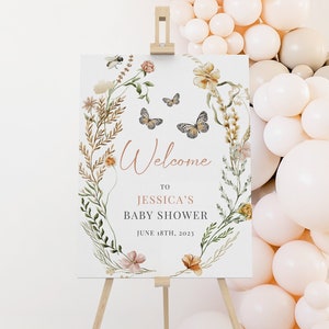 Boho Butterfly Baby Shower Welcome Sign, Floral Girl Baby Shower Sign, Welcome Poster, Wildflowers Baby Shower Decoration, Foam Board Sign