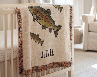 Personalized Rainbow Trout Fish Baby Name Blanket, Custom Fishing Woven Blanket, Newborn Nursery, Baby Shower Gift