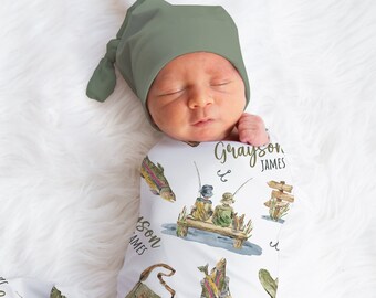 Custom Fishing Swaddle, Personalized Boy Name Blanket, Fish Swaddle, New Mom Gift, Newborn Gift, Gone Fishing Baby Shower Gift