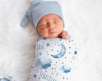 Moon Name Swaddle, Custom Moon and Stars Boy Name Blanket, Personalized Boy Swaddle, New Mom Gift, Newborn Gift, Ocean Baby Shower Gift