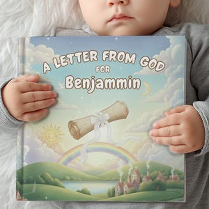 May include: A children's book titled "A Letter From God for Benjammin" with a colorful illustration of a scroll, rainbow, and landscape. The book is held by a baby.