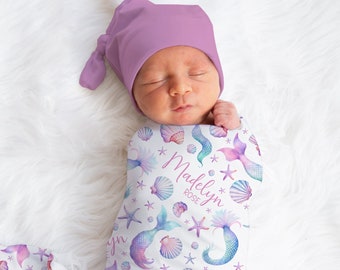 Personalized Mermaid Swaddle Blanket Ocean Name Baby Blanket Newborn Baby Girl Coming Home Outfit Hospital Photo Outfit Baby Shower Gift