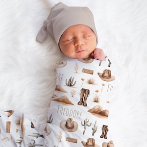 Cowboy Name Swaddle, Custom Western Boy Name Blanket, Personalized Baby Cowboy Hat & Boots Swaddle, Cactus Name Blanket, Baby Shower Gift