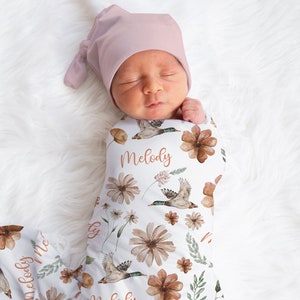 Boho Flowers Swaddle, Personalized Baby Gift, Custom Mallard Duck Baby Name Blanket, Floral Swaddle, Wildflowers Swaddle, Baby Shower Gift