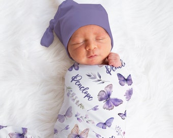 Personalized Purple Butterfly Swaddle Blanket Name Baby Blanket Newborn Baby Girl Coming Home Outfit Hospital Photo Outfit Baby Shower Gift