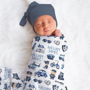 Personalized Police Airplane Swaddle Blanket Blue Car Name Baby Blanket Newborn Baby Boy Coming Home Outfit Hospital Outfit Baby Shower Gift
