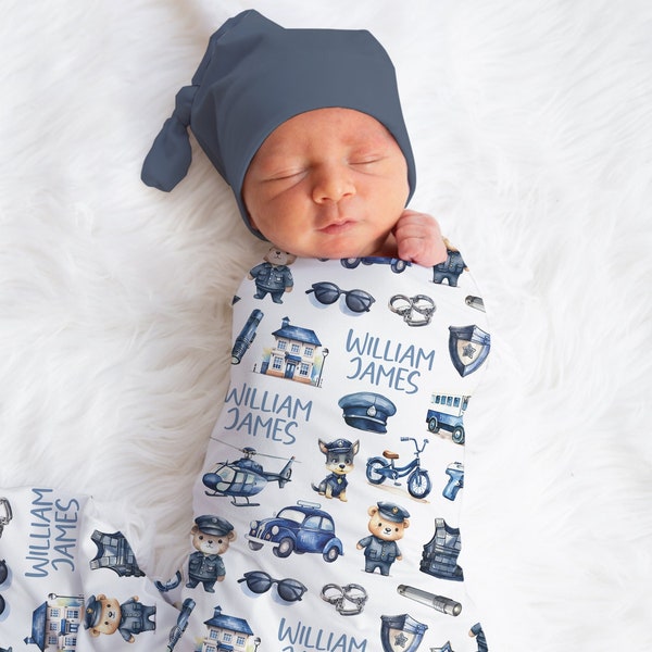 Personalized Police Airplane Swaddle Blanket Blue Car Name Baby Blanket Newborn Baby Boy Coming Home Outfit Hospital Outfit Baby Shower Gift