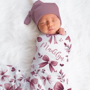 Personalized Pink Bow Swaddle Blanket Flowers Name Baby Blanket Newborn Baby Girl Coming Home Outfit Hospital Photo Outfit Baby Shower Gift
