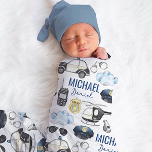 Personalized Police Swaddle Blanket Helicopter Name Baby Blanket Newborn Baby Boy Coming Home Outfit Hospital Photo Outfit Baby Shower Gift