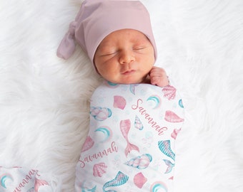 Personalized Ocean Mermaid Swaddle Blanket Seashell Name Baby Blanket Newborn Baby Girl Coming Home Outfit Hospital Outfit Baby Shower Gift