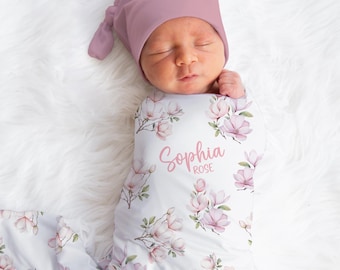 Personalized Pink Magnolia Swaddle Blanket For Baby Shower, Custom Newborn Baby Girl Gift, Floral Toddler Name Blanket, Coming Home Outfit