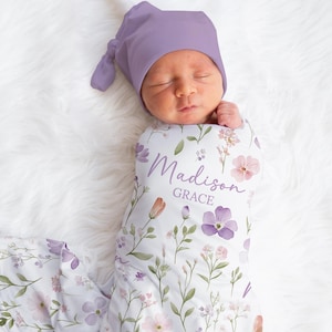 Personalized Flower Swaddle Blanket Purple Floral Name Blanket Newborn Baby Girl Coming Home Outfit Hospital Photo Outfit Baby Shower Gift