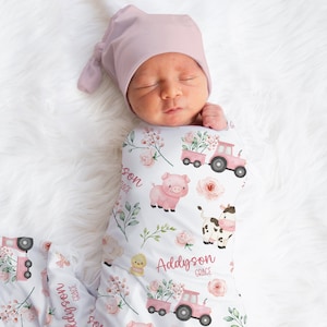 Floral Farm Animals Swaddle, Custom Baby Girl Name Blanket, Pink Tractor Name Swaddle, Pig, Cow Swaddle, Newborn Gift, Farm Baby Shower Gift