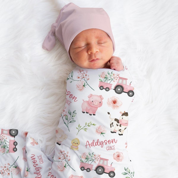 Floral Farm Animals Swaddle, Custom Baby Girl Name Blanket, Pink Tractor Name Swaddle, Pig, Cow Swaddle, Newborn Gift, Farm Baby Shower Gift